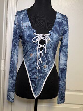 HOTTIE Faux Denim Lace Up Matching Set Y2K Festival Outfit Size Small